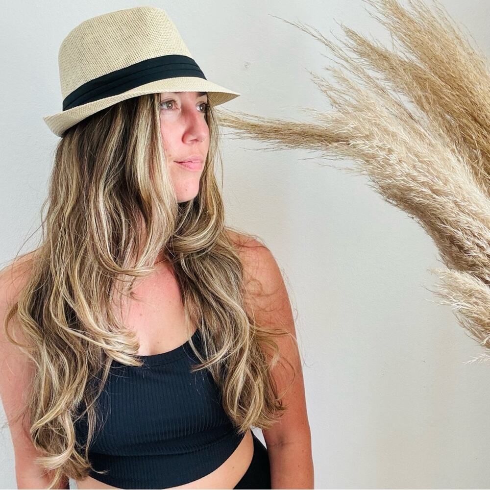 VINTAGE NORDSTROM Cream Tan Straw Wide Visor Brim Black Ribbon Fedora Sun Hat - Picture 8 of 8